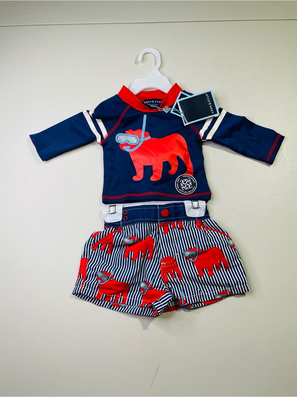 NWT Andy & Evan 3-6 months Navy & Red Snorkel Dog Two-Piece Rash Guard Swim Set